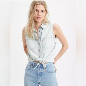 LEVI'S womens denim tie waist sleeveless button down top size Large